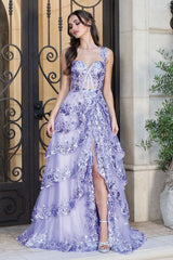Adora 3174 Long Formal Sequin Applique Tiered A Line Prom Dress