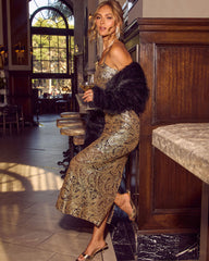 Gilded Hour Paisley Print Sequin Midi Dress