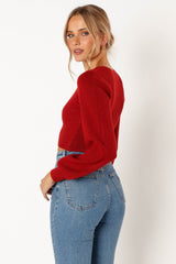 Daphne Crewneck Bubble Sleeve Knit Sweater - Burgundy