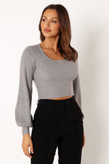 Daphne Crewneck Bubble Sleeve Knit Sweater - Charcoal