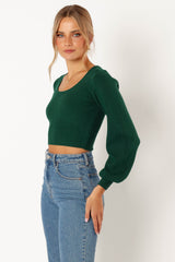 Daphne Crewneck Bubble Sleeve Knit Sweater - Dark Green