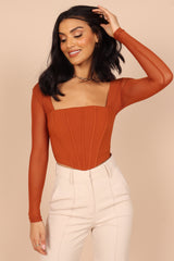 Elidy Long Sleeve Mesh Corset Top - Cinnamon