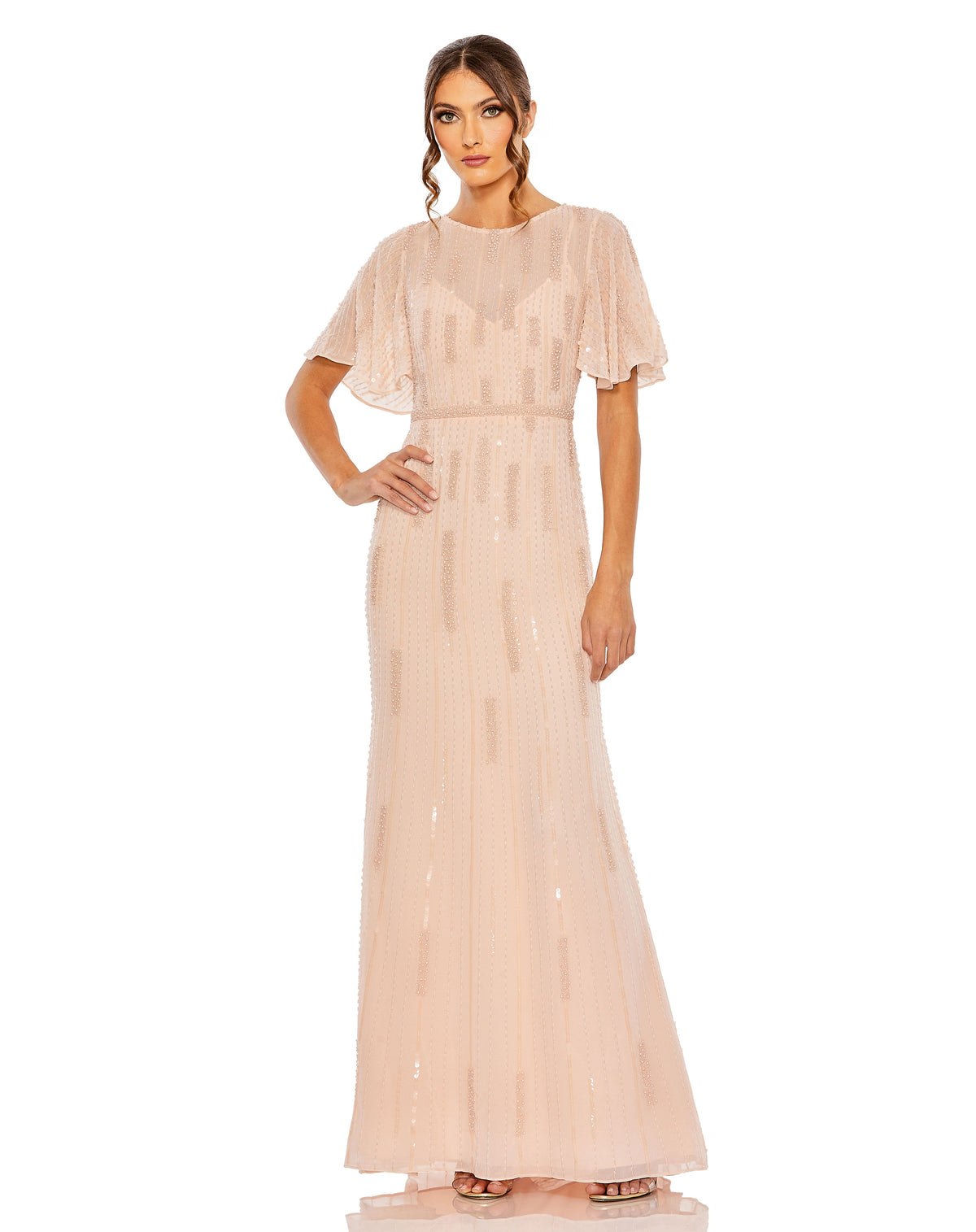 A Line Formal Beaded Flutter Sleeve Evening Gown Flutter Sleeve Beaded A Line Mac Duggal 11014