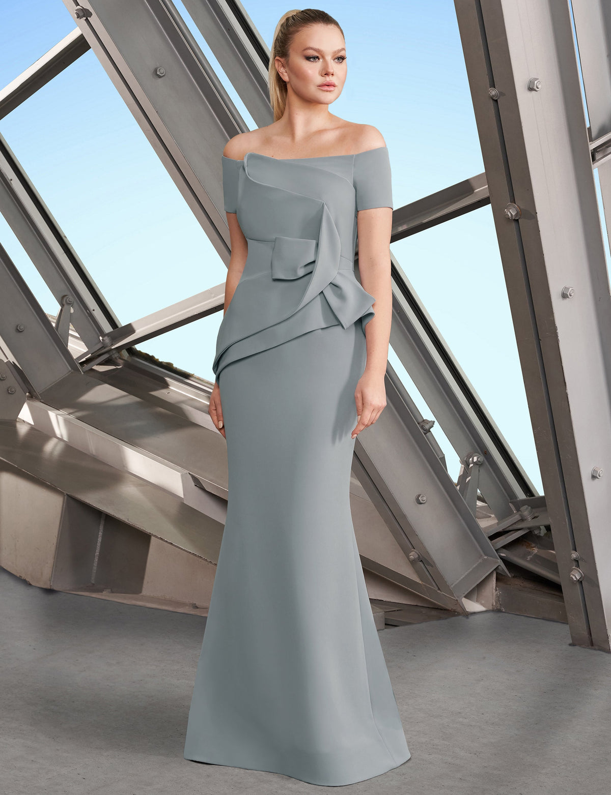 Alexander by Daymor 1150 Long Fitted Peplum Pleated Formal Evening Dress