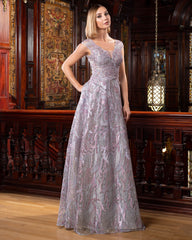 Alexander by Daymor 1553 A Line Long Metallic Lace Formal Dress