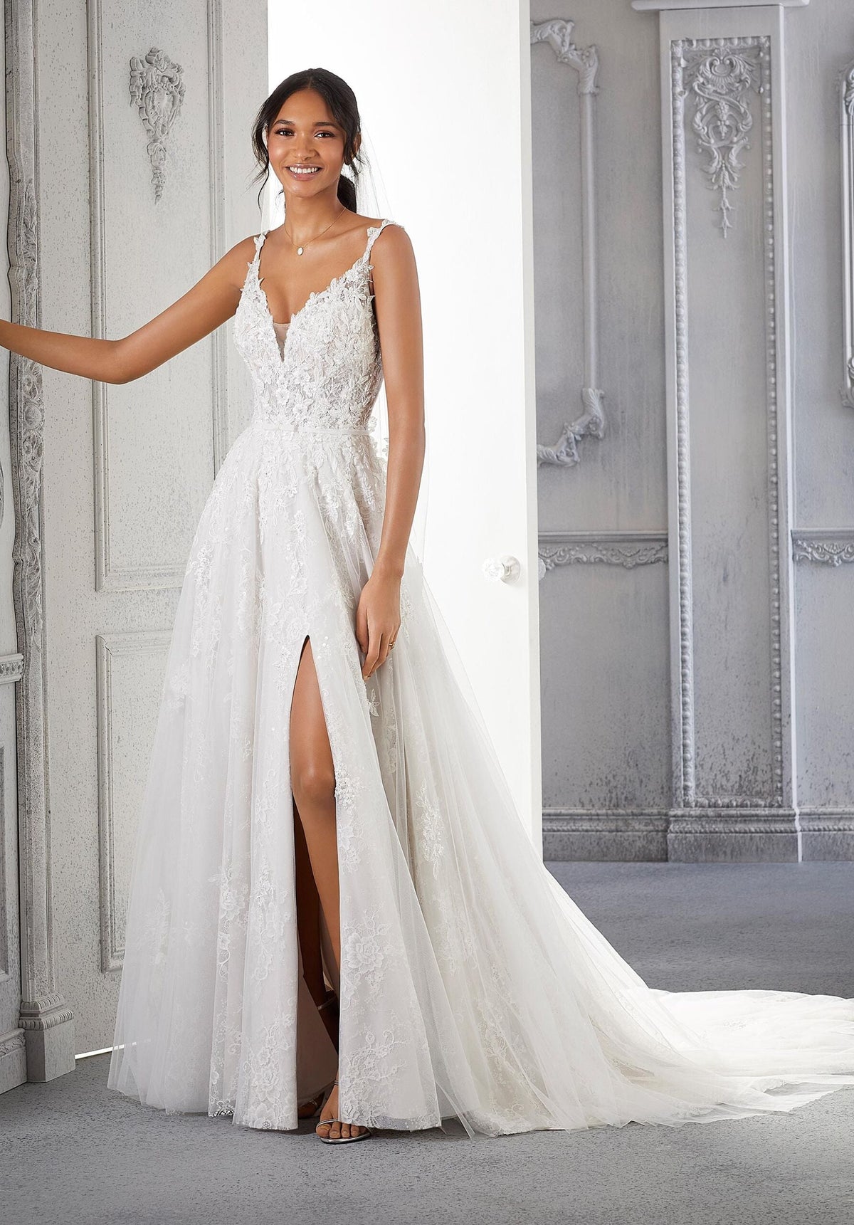 A Line Long Bridal Lace Wedding Dress MGNY Madeline Gardner New York 2363
