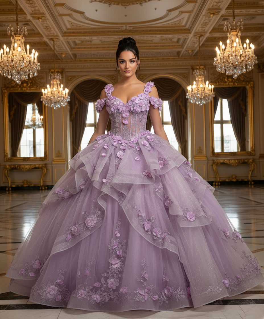 3D Floral Applique Beaded Ball Gown Long Ruffle Quinceanera Dress Jovani Q43810