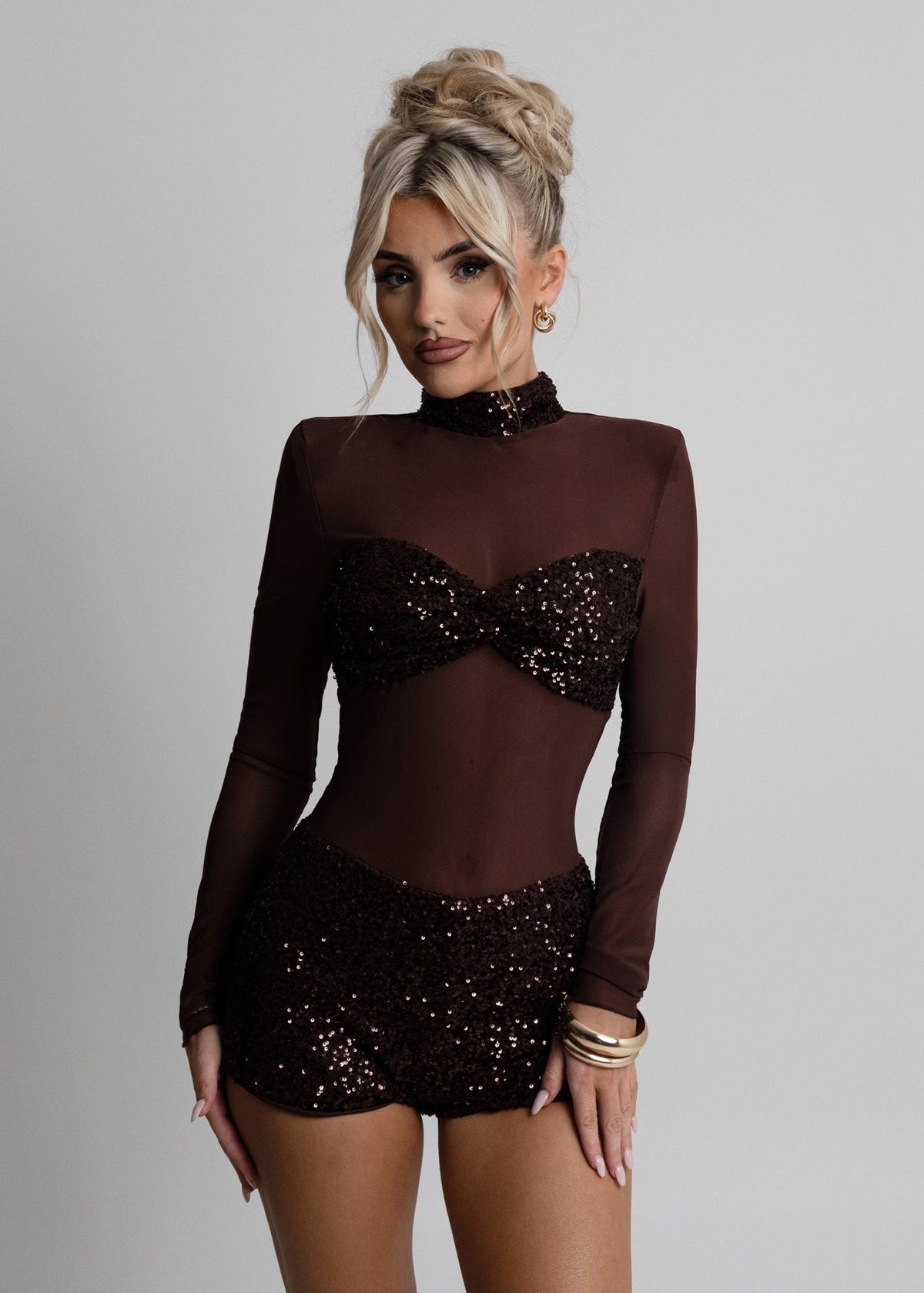 Sheer Grace Sequin Mesh Playsuit - Brown