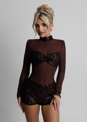 Sheer Grace Sequin Mesh Playsuit - Brown