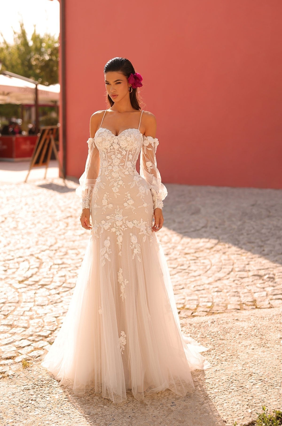 A Line Long Floral Lace Applique Wedding Dress Amarra 84218