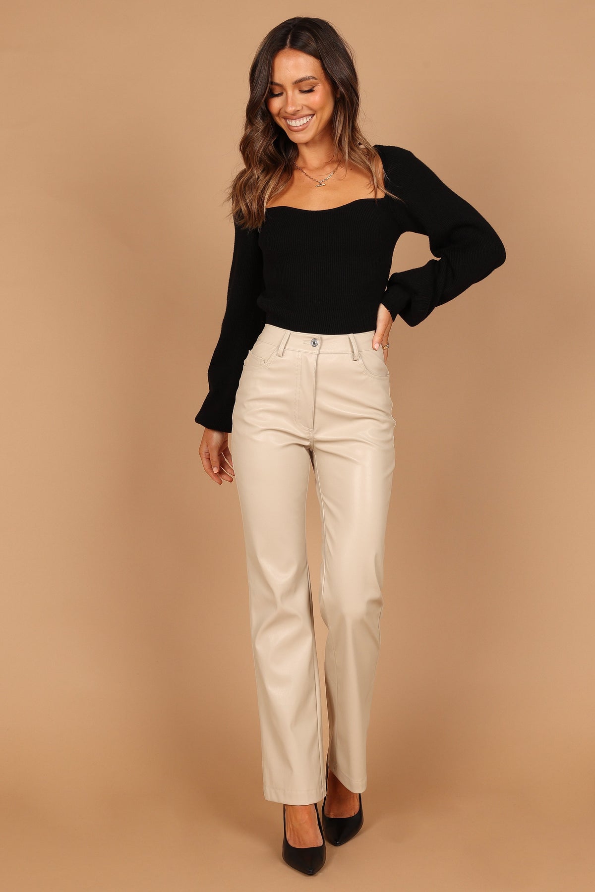 Ashley Faux Leather Pants - Bone