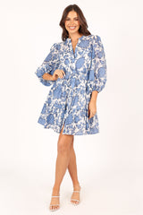 Dierdre Long Sleeve Mini Dress - Blue Floral