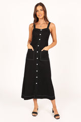 Estelle Contrast Stitch Midi Dress - Black