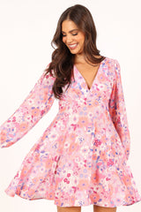 Finnick Long Sleeve Mini Dress - Pink Floral