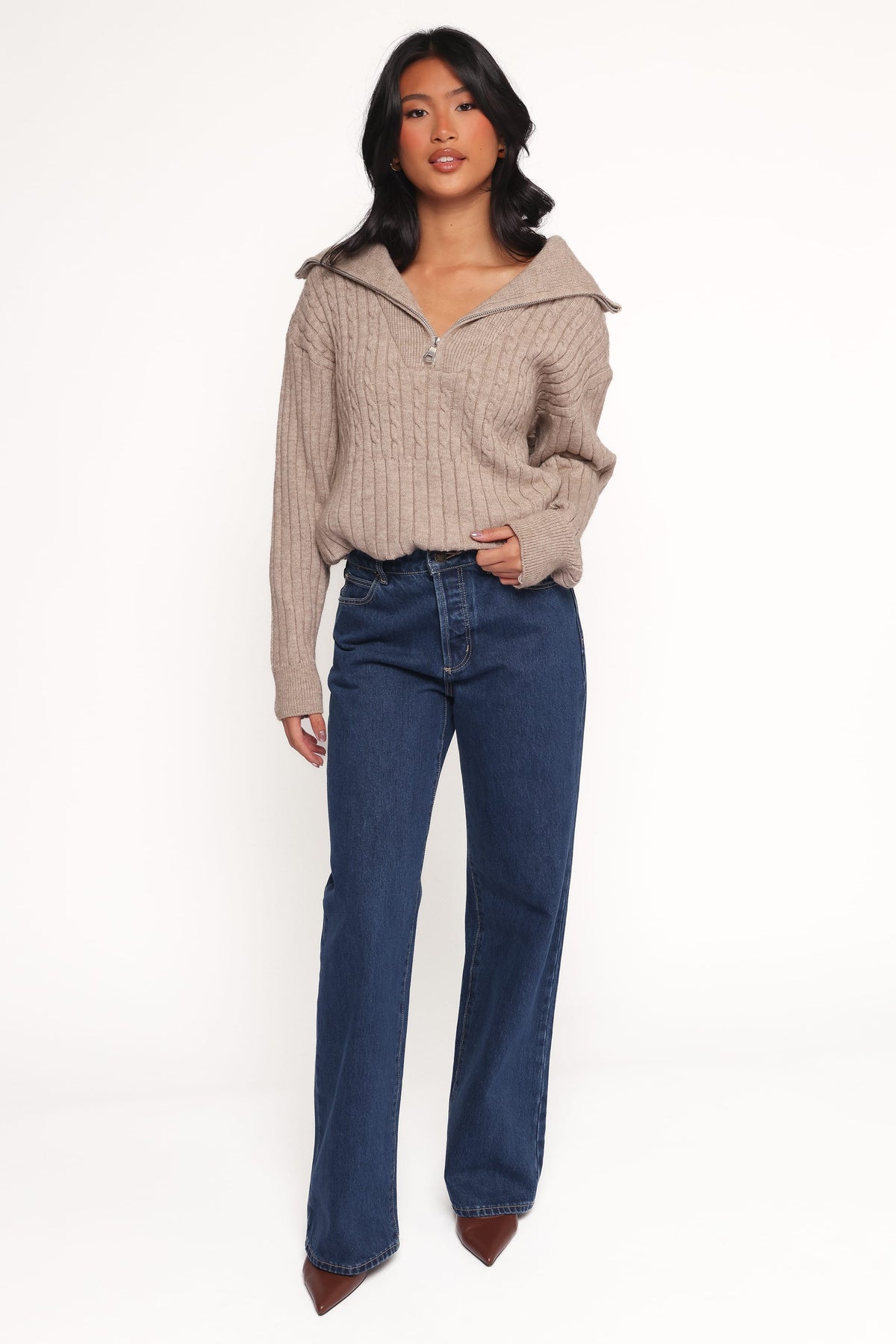 Anais Quarter Zip Knit Sweater - Beige