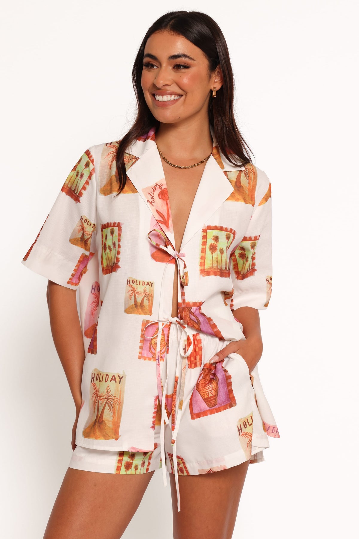 Aaliyah Tie Front Top - White Multi