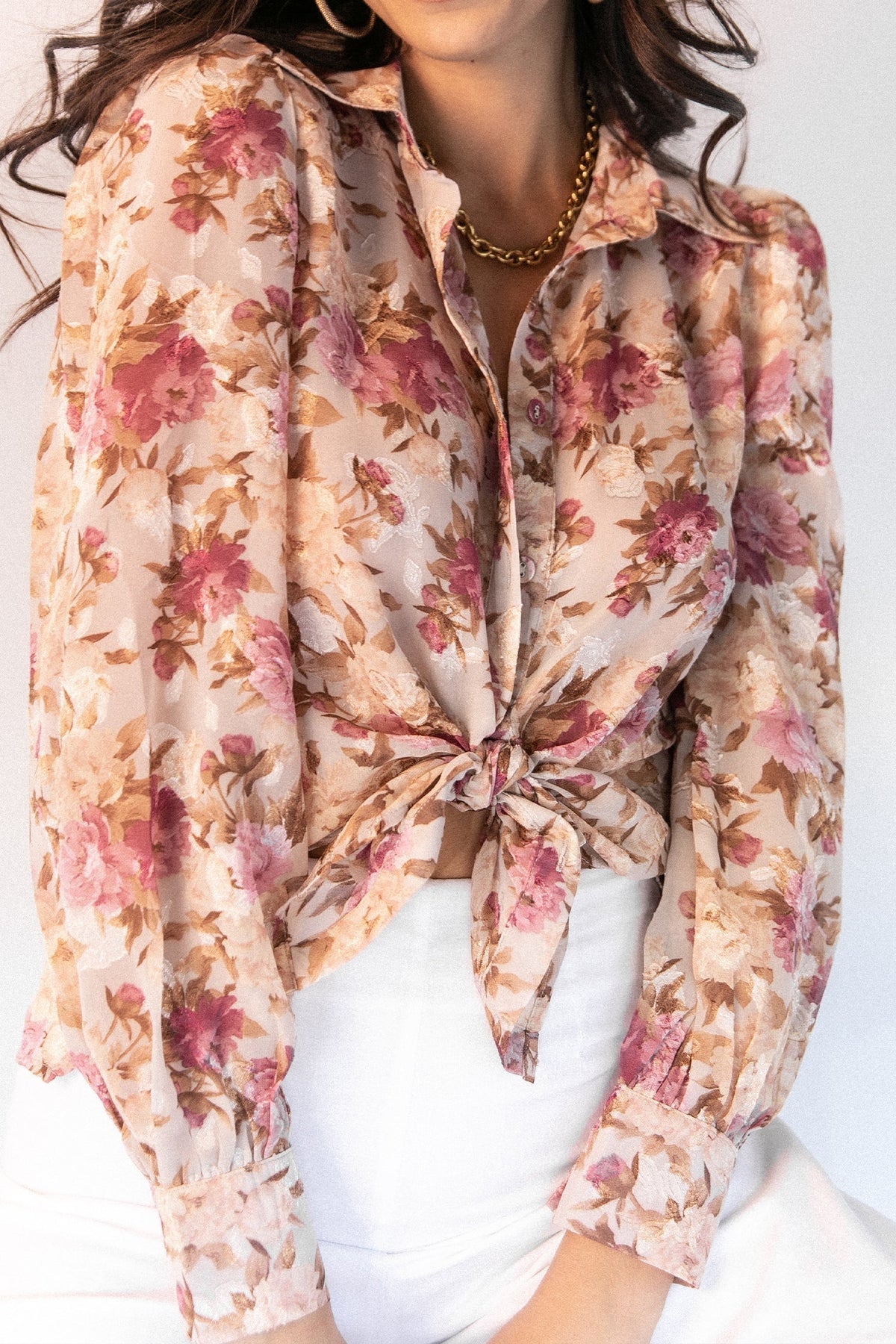 Abbey Floral Button Front Top - Beige