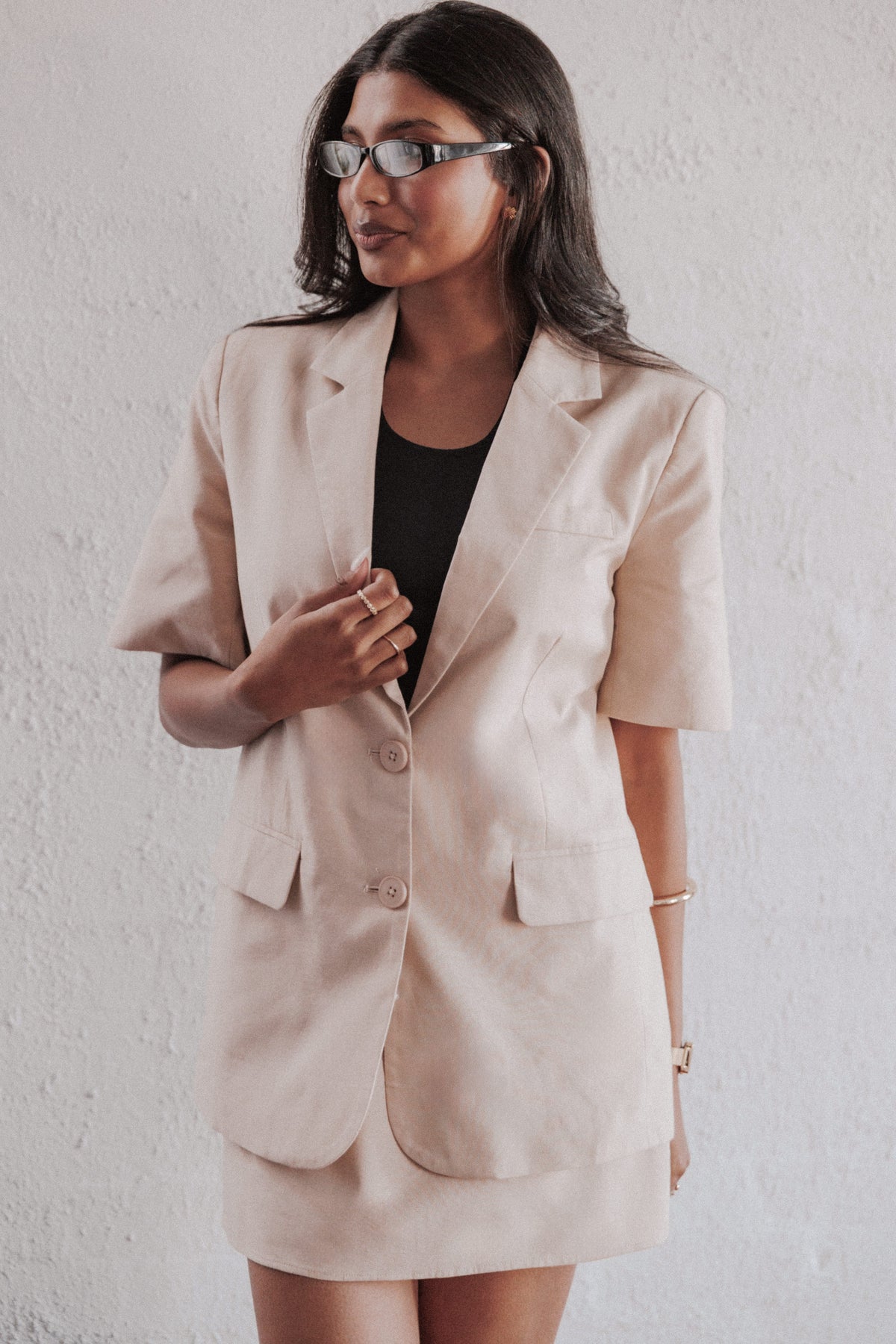 Brielle Short Sleeve Blazer Top - Beige