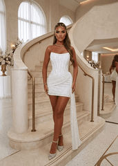 Radiant Halo Embellished Drape Mini Dress - White
